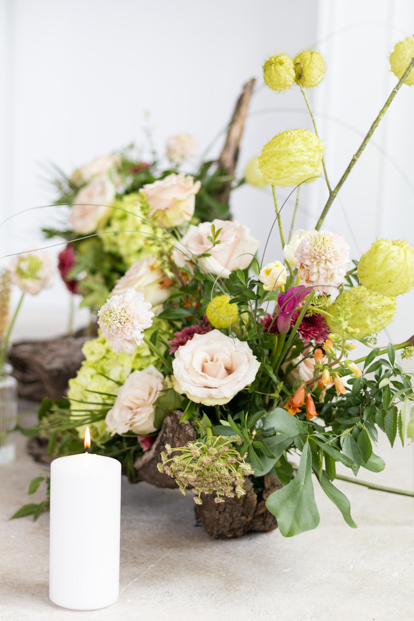 Brand photoshoot floral arrangement and candle